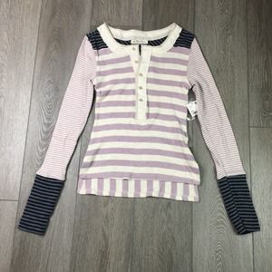 NWT Free People Hi Low Hem Give Me Stripes Henley Top Black White Purple XS